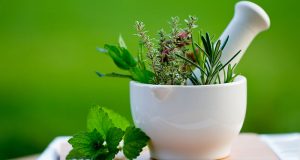 Fresh herbs in the mortar - healthy food